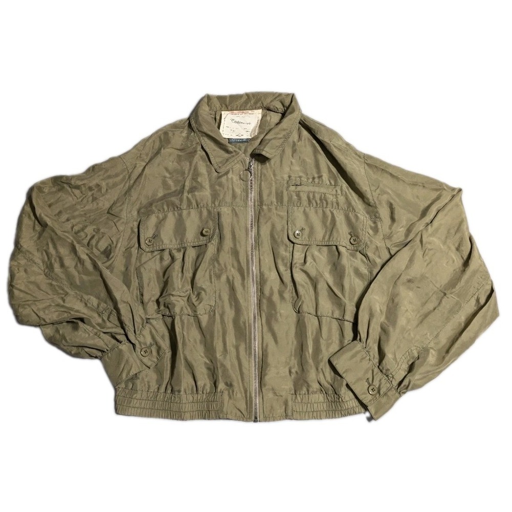 Anthropologie Cartonnier 100% Silk Utility Blouse Olive Green Zip Front Womens L